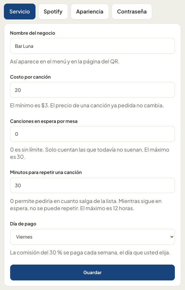 Panel de Mirokola, sección Ajustes, Servicio: nombre del negocio, costo por canción, canciones en espera por mesa, minutos para repetir una canción y día de pago